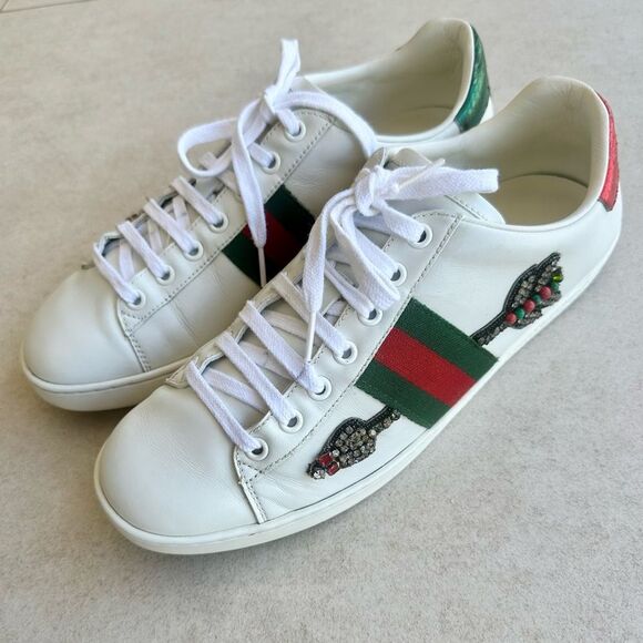Gucci White Leather Ace Web Arrow Embroidered Low Top Sneakers size 38.5 White - Picture 6 of 12